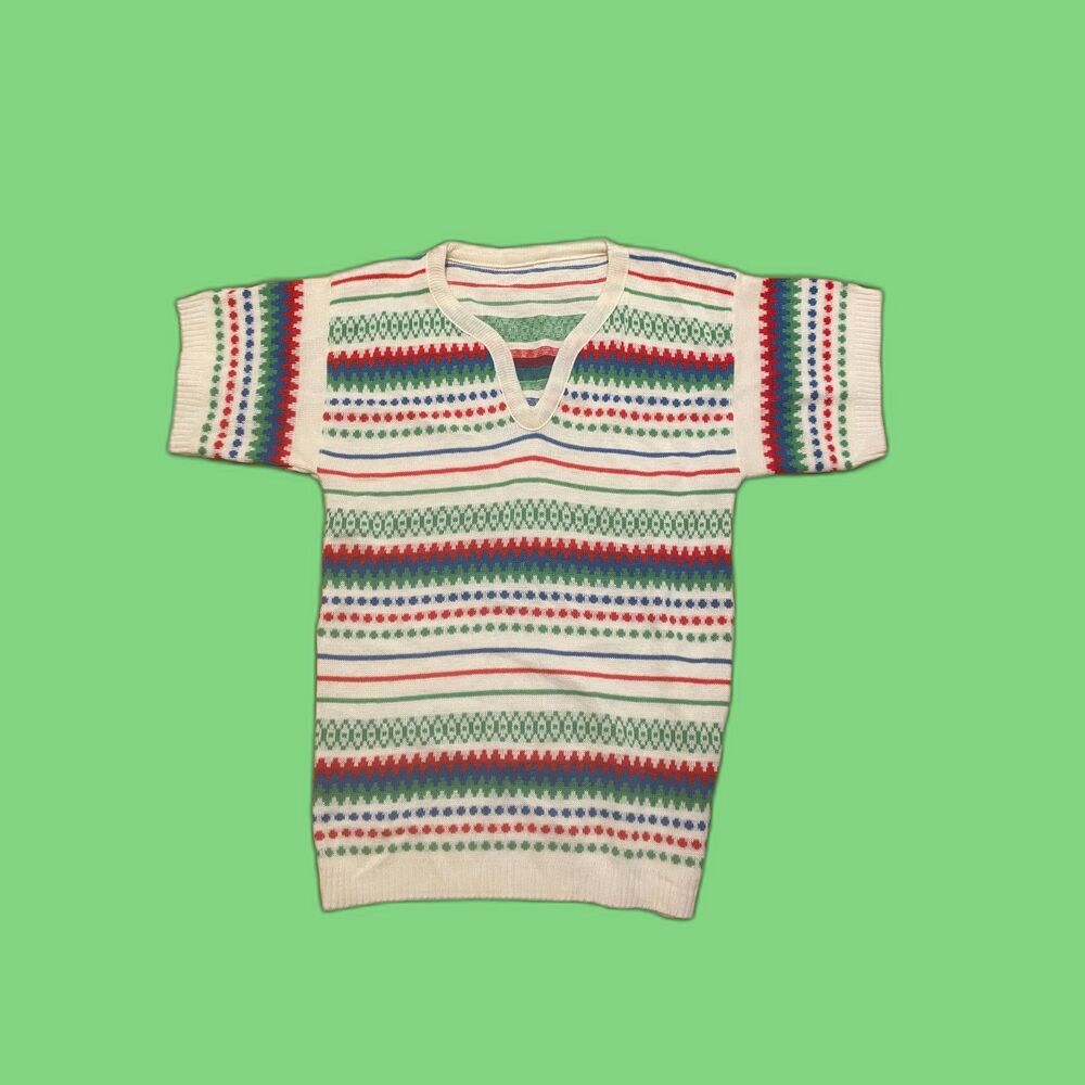 Vintage‎ Fair Isle Short Sleeve Sweater Acrylic Knit Pullover 1970s Size S EUC